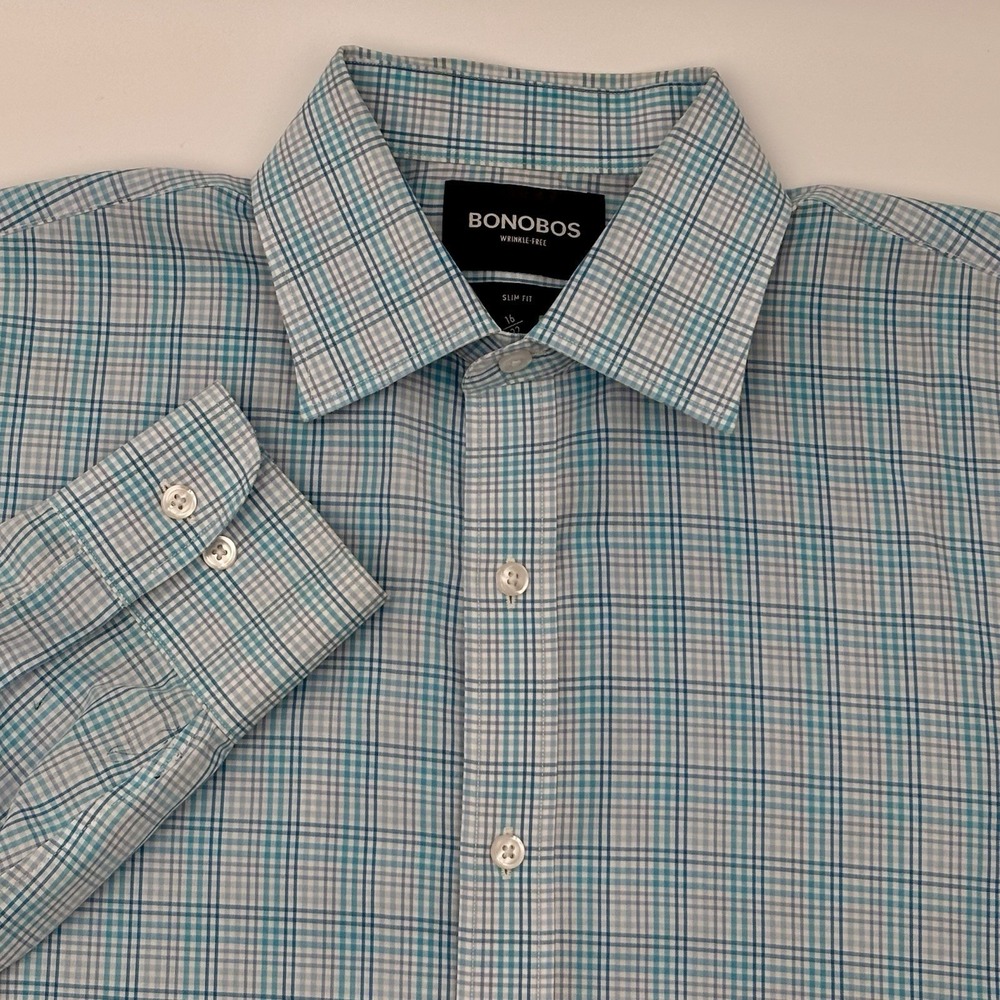 Bonobos Wrinkle-Free Dress Shirt Mens 16 32 Slim Fit Blue White Plaid Cotton